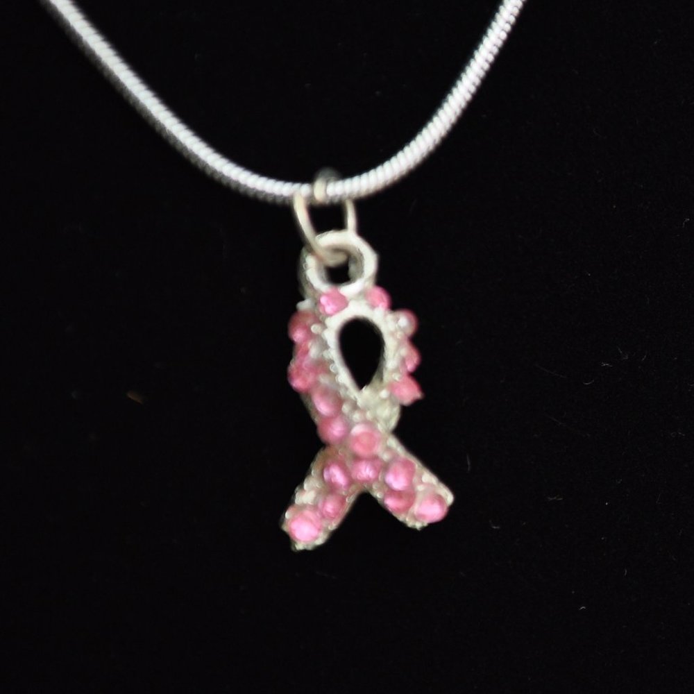 3 for $36 - pink rhinestone crystal breast cancer ribbon pendant necklace (2112)